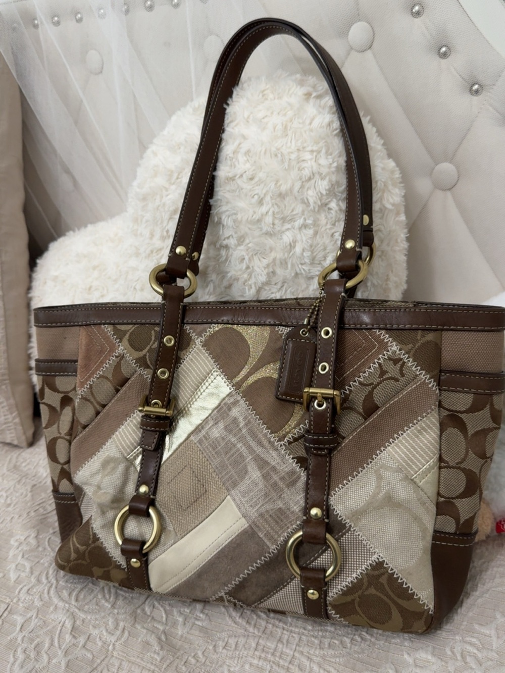 Coach Brown Patchwork Signature Tote with Leather Trim